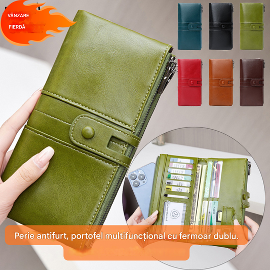 🔥💼Portofel multifuncțional, realizat manual din piele naturală, cu protecție antifurt, fermoar dublu.