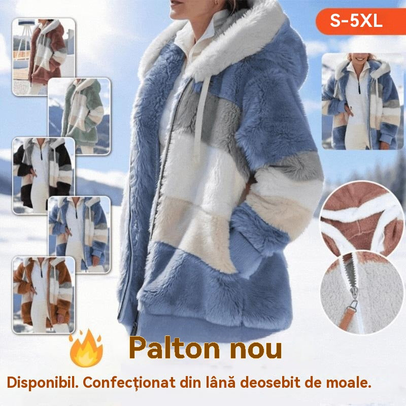 🔥Ofertă limitată, beneficiază de o reducere de 50%!💥☃️❄️Jachetă nouă din fleece groasă pentru femei, cu design în dungi și blocuri de culoare