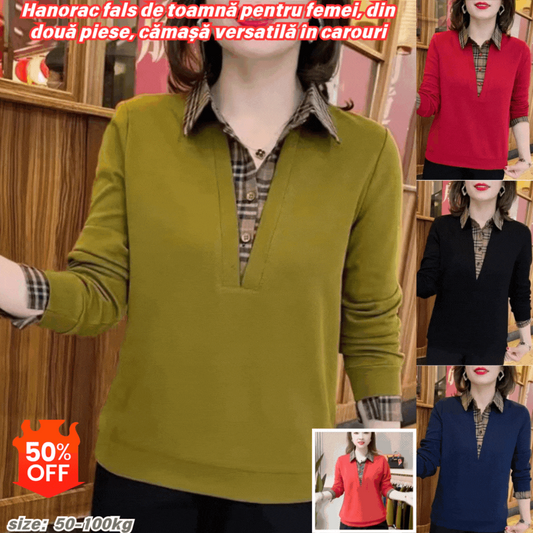 🍂🍁Cămașă falsă din două piese, cu cusături în carouri, la modă nouă de toamnă