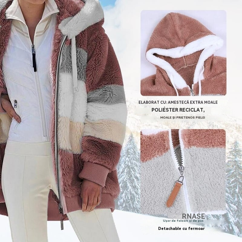 🔥Ofertă limitată, beneficiază de o reducere de 50%!💥☃️❄️Jachetă nouă din fleece groasă pentru femei, cu design în dungi și blocuri de culoare