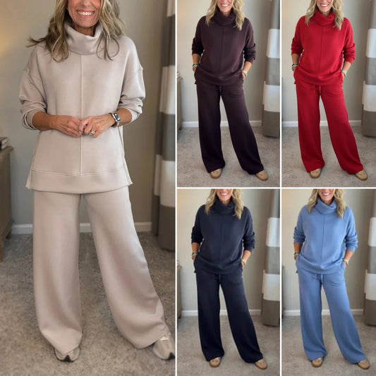 🍂🐏【Produs nou! Reducere de 50% timp limitat】Costum de două piese pentru femei, inclusiv bluză cu guler înalt și pantaloni de relaxare 🔥